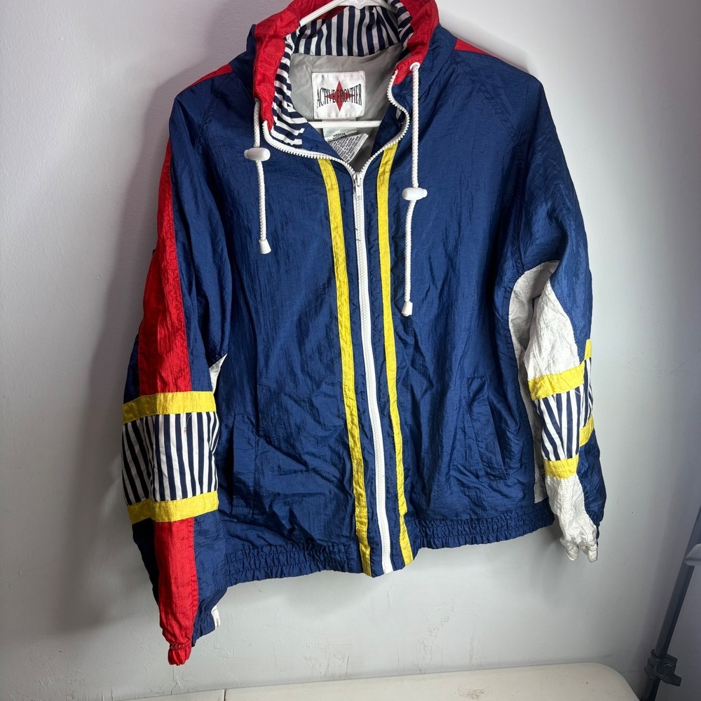 Active Frontier Vintage Windbreaker Jacket Medium Blue Red Yellow Striped Hooded